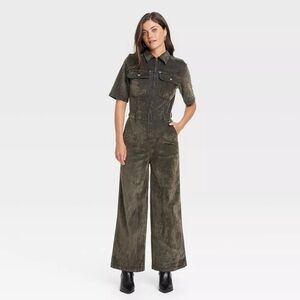 Universal Thread women's short-sleeve olive green corduroy utility jumpsuit.